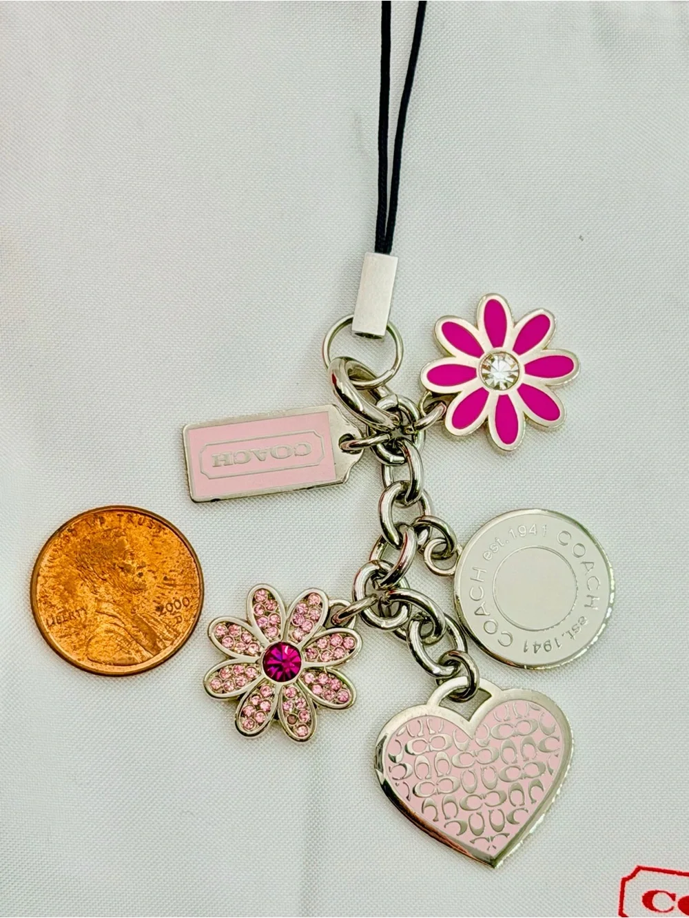 Coach Vintage Pink Daisy & Heart Swarovski Charm/Keychain- Excellent Condition